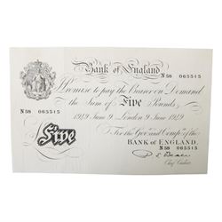 Bank of England Beale white five pound note, N58 065515 London 9 June 1949
