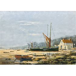 William Burns (British 1923-2010): 'Morning: Thames Barges at Low Tide - Pin Mill Suffolk', oil on board signed, titled verso 39cm x 55cm
Provenance: direct from the family of the artist