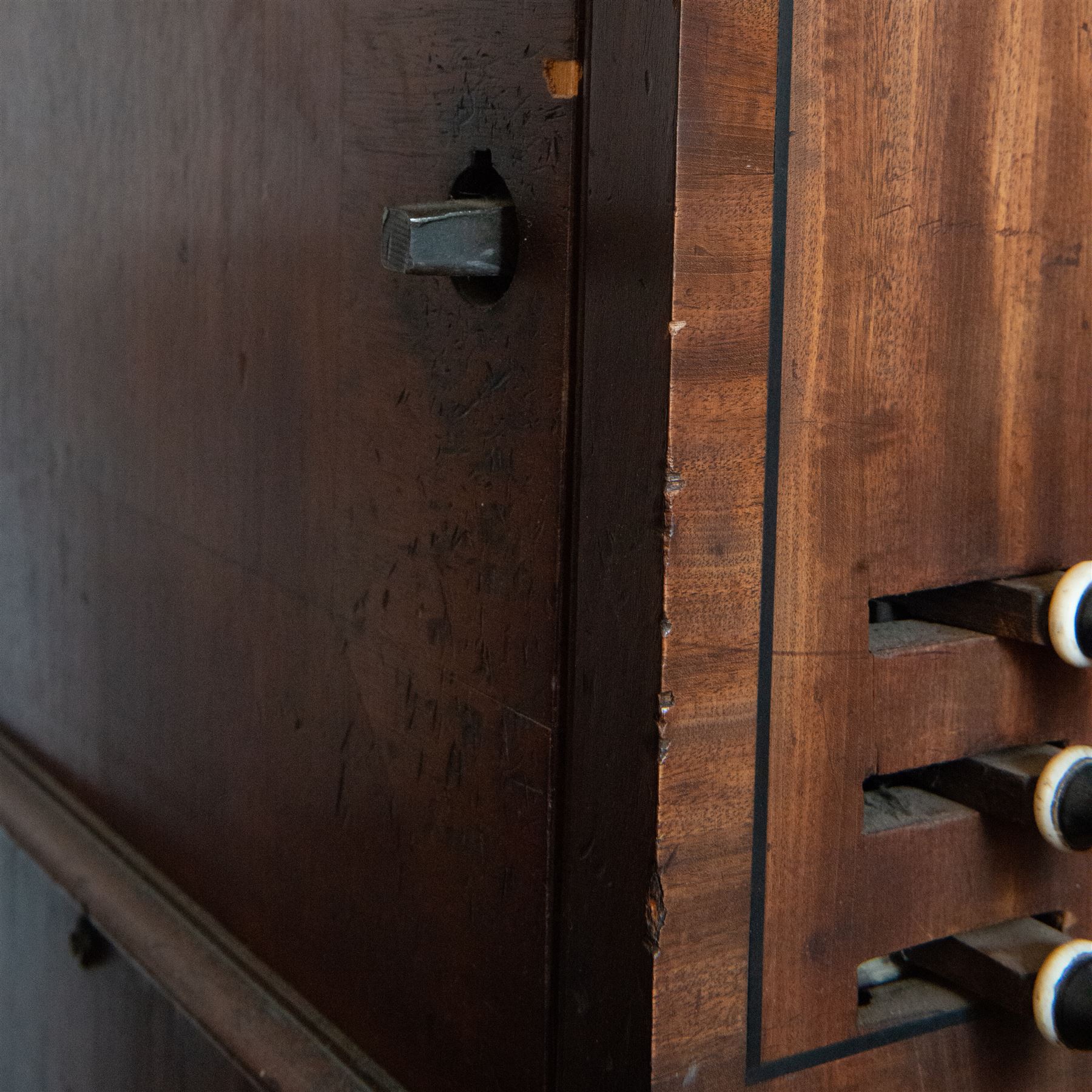 Mid-18th century Johannes Schnetzler (John Snetzler) Chamber Organ 1742
Single manual chamber organ, five octave keyboard with 58 keys GG-f3, A=427, with ebonised naturals and ivory faced sharps. With six speaking stops, Open Diapason, Twelfth, Cornet, Stopped Diapason, Flute and Fifteenth. Crank foot operated single rise reservoir. Case with alterations from the early part of the 19th century including the “gothic” arches and rectangular watered silk panels. Some of the pipework has been replaced, all the pipework is however present and the organ plays, however the pipe work is dirty and in need of attention, the action and stop work is also in need of some repair, adjustment and regulation. Thought to be the oldest Schnetzler chamber organ in Great Britain and is referred to in some sources as possibly owned by Handel who lived in London when Schnetzler worked there. However there is no documentary evidence to confirm this. Full notes and technical details regarding the background, restoration and history of this instrument can be found in The Harley Foundation Historical and Technical Report No 29 (2005) by Edward Bennett and Martin Goetze. This report can be downloaded 
HERE.

Given the intricate nature of these historic instruments, specialist support will be available if required – including a professional organ builder prepared to undertake full dismantling and reassembly – to assist successful buyers with safe removal and onward handling. Price upon application. 

This item has been registered for sale under section 10 of the APHA Ivory Act Reference GXAQ2W4S




