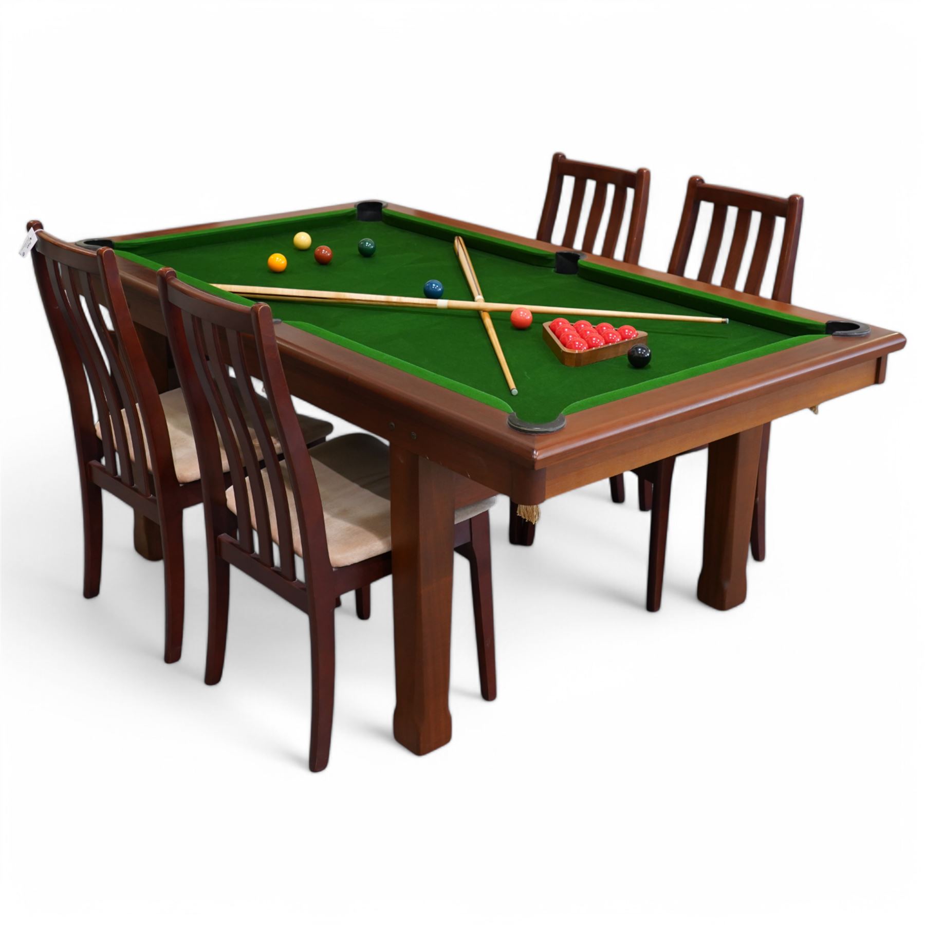 Riley - convertible snooker dining table, with green baize playing surface and removable twin-panel mahogany-effect dining top, raised on square tapering legs, complete with four matching chairs, includes; four cues, a set of snooker balls, triangle, baize brush, chalks, scoreboard, cross rest, spider rest