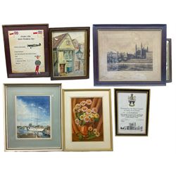 D G Deans: Yacht at Anchor, watercolour indistinctly signed; Christine Ibbotson: Chrysanthemums, watercolour; M C Batty: 'Quay Street' Scarborough, watercolour; Francis Philip Barraud etching of Kings College Cambridge, and two further pictures (6)