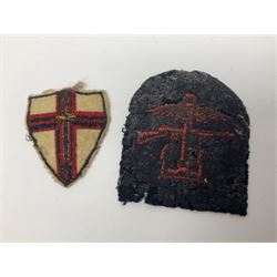 WW1 Short & Mason Ltd 'The Magnapole' black japanned brass field compass in leather carrying case; WW1 trench art paper knife inscribed Dixmude; and small quantity of cloth badges etc