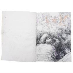 John Gilbey Bowles (British 1929-2011): Artist's Sketchbook - Surreal Art History Conversations, sketchbook containing thirty-four pages of pencil pastel and mixed media sketches of an art historical theme with interactions between famous paintings by different hands, most signed and dated 2008
Notes: examples include Edvard Munch's 'The Scream' reacting to a drawing by LS Lowry of street fighting; Albrecht Durer's drawing of a man dreaming of the Matisse line drawing; Hieronymus Bosch's 'The Last Judgment (detail) overseeing 'the Bacchanale Anglais' by Thomas Rowlandson; Toad of Toad Hall from the Wind in the Willows singing the praises of Henry VIII by Hans Holbein; a drawing by Leonardo Da Vinci admiring the humour in the drawing by LS Lowry; a Henry Moore drawing dreaming of a Thomas Rowlandson composition etc.