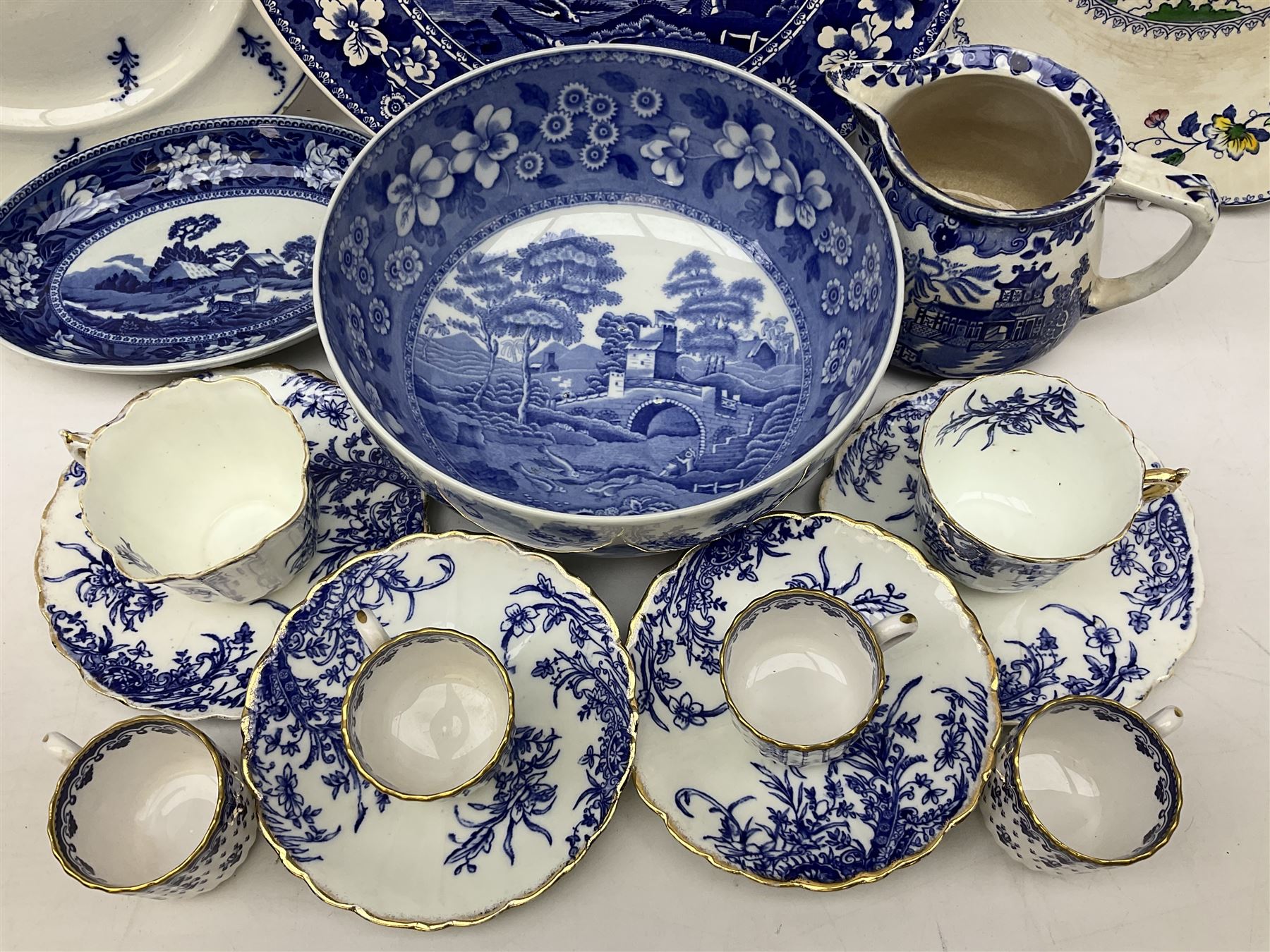 Spode Italian pattern bowl, with blue print beneath, together with a Spode Blue Tower pattern cake plate, and  other blue and white wares to include Wedgwood, Burleighware etc