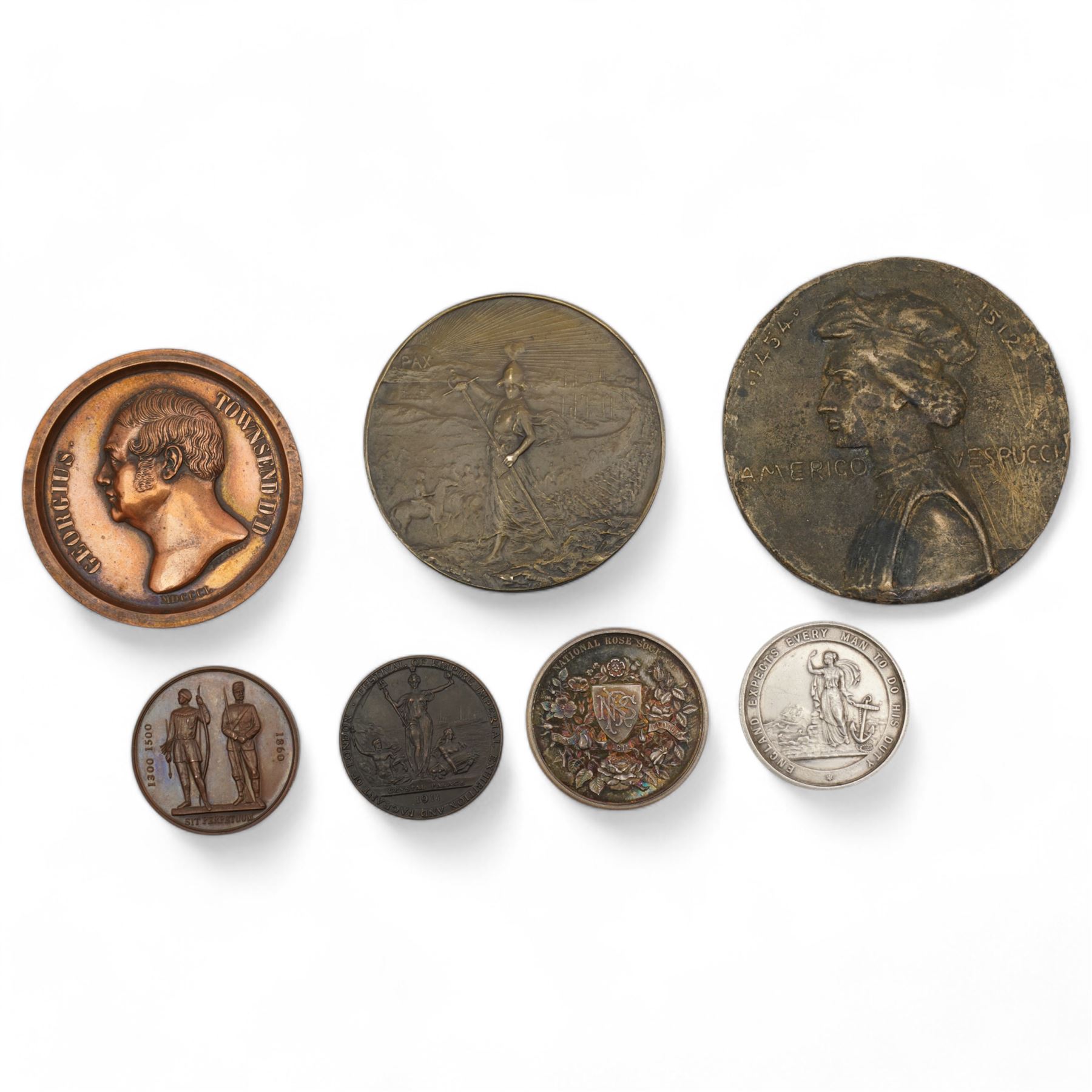 Peace Treaty bronze medallion for South African war after Emil Fuchs, another medallion with bust portrait of  of Amerigo Vespucci, the explorer, the reverse with Paolo dal Pozzo Toscanelli, small plaque with bust portrait of George Townsend, Canon of Durham 1850, Astor County shooting medallion and various others