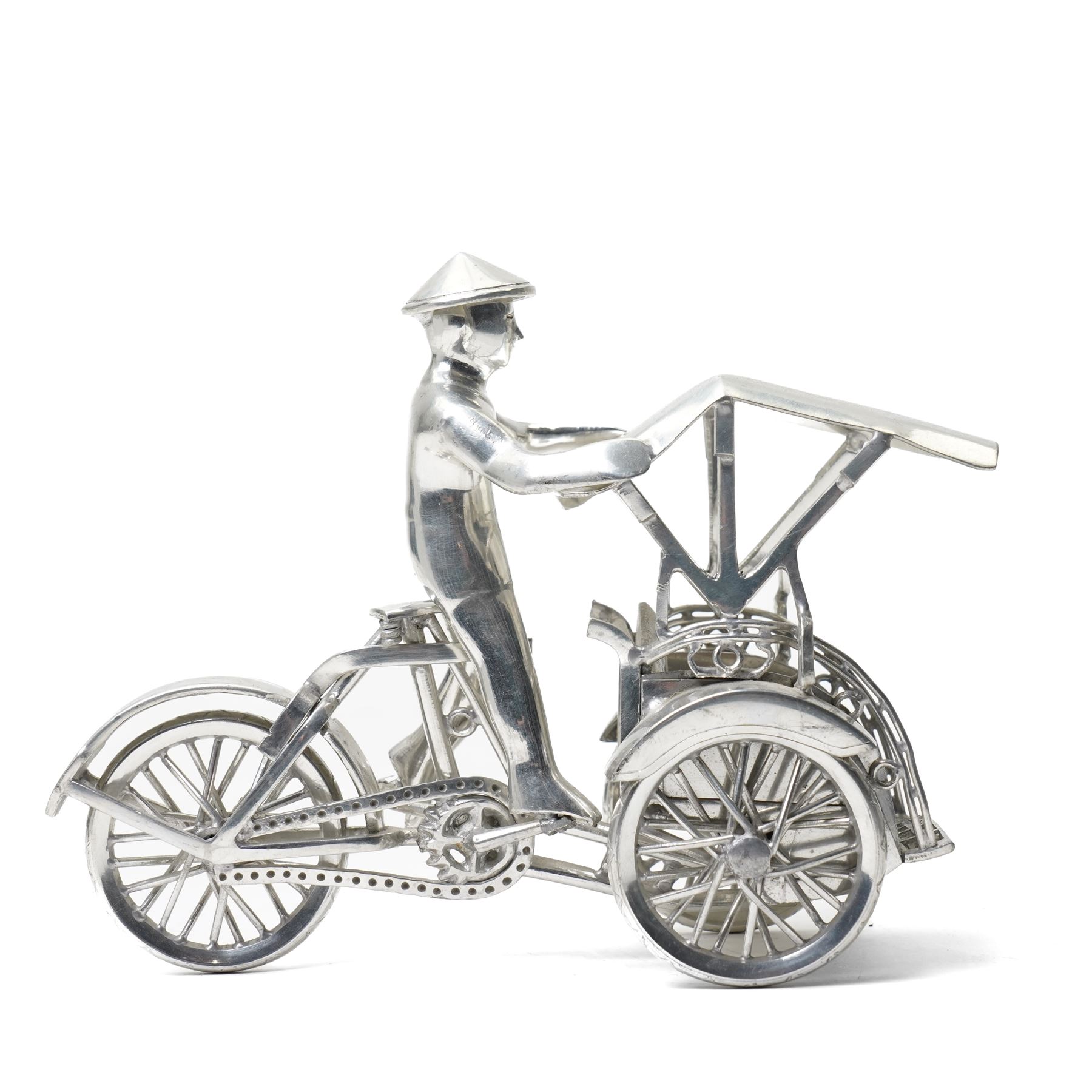 Two white metal tuk tuk or rickshaw models, larger H15cm (2)