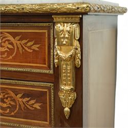 19th century French marquetry secrétaire à abattant in Louis XVI style, with rectangular marble top above a floral inlaid fall front enclosing fitted interior with arcaded pigeonholes, inlaid drawers and writing surface, gilt metal mounts and borders throughout, raised on cast ormolu feet