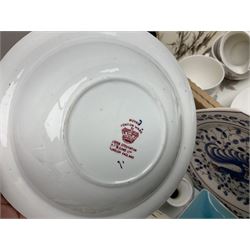 Denby Greenwheat pattern dinner wares, together with Royal Doulton Tumbling Leaves pattern tea and dinner wares, Royal commemorative ceramics including Wedgwood Jasperware table lighter, pair of Victorian glass hand painted vases, large blue and white urn with lid, Noritake part tea set, Staffordshire style dog and other ceramics and collectables, in boxes