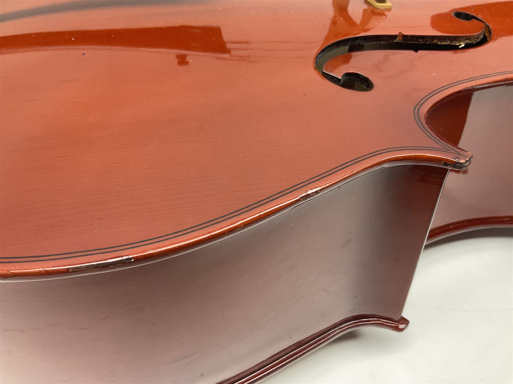 Gear4Music three-quarter sized cello with 70cm one-piece back and spruce top; bears maker's label; L112cm overall; in soft carrying case with Erich Steiner bow