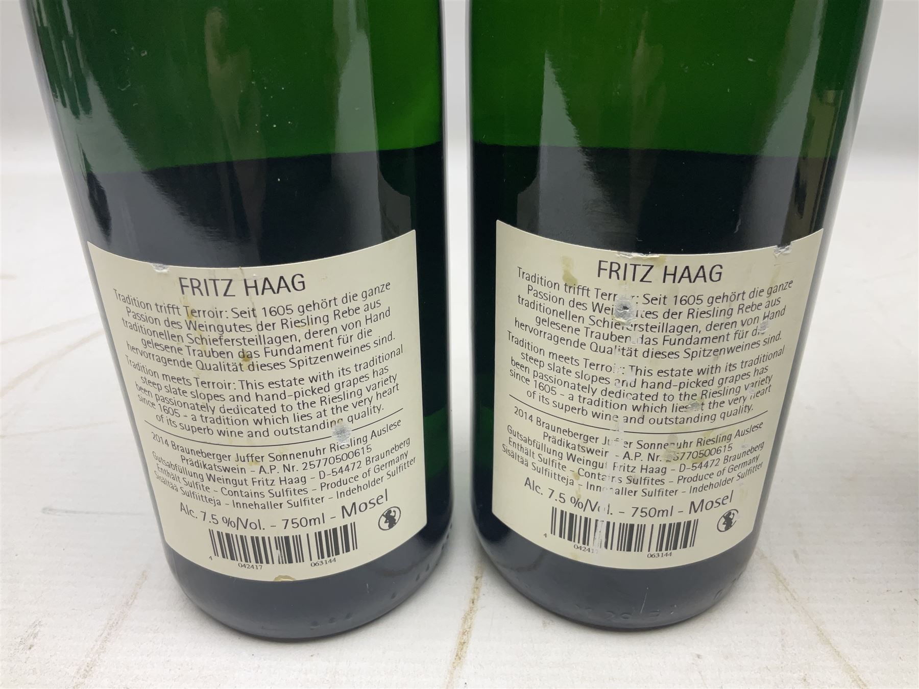 Willi Schaefer, 2016, Graacher Domprobst Riesling Auslese, 750ml, 7.5% vol, two bottles, and Fritz Haag, 2014, Brauneberger Juffer Sonnenuhr, 750ml, 7.5% vol, two bottles 