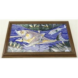  Three sets of two framed tiles, in the style of William De Morgan, two decorated with stylized fish and a Galleon with Dolphins, 30cm x 15cm (3)  