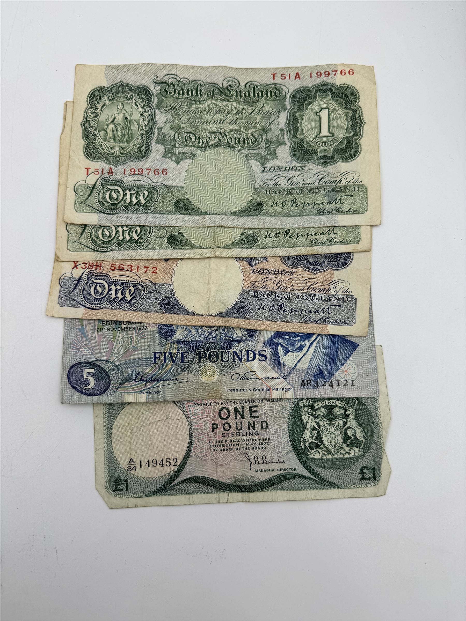 Various Great British banknotes including Bank of England Peppiatt and later one pound notes, three Salmon five pound notes, Salmon ten pound note, Lowther ten pound note, Bailey twenty pound note, Royal Bank of Scotland polymer twenty pound note etc. 