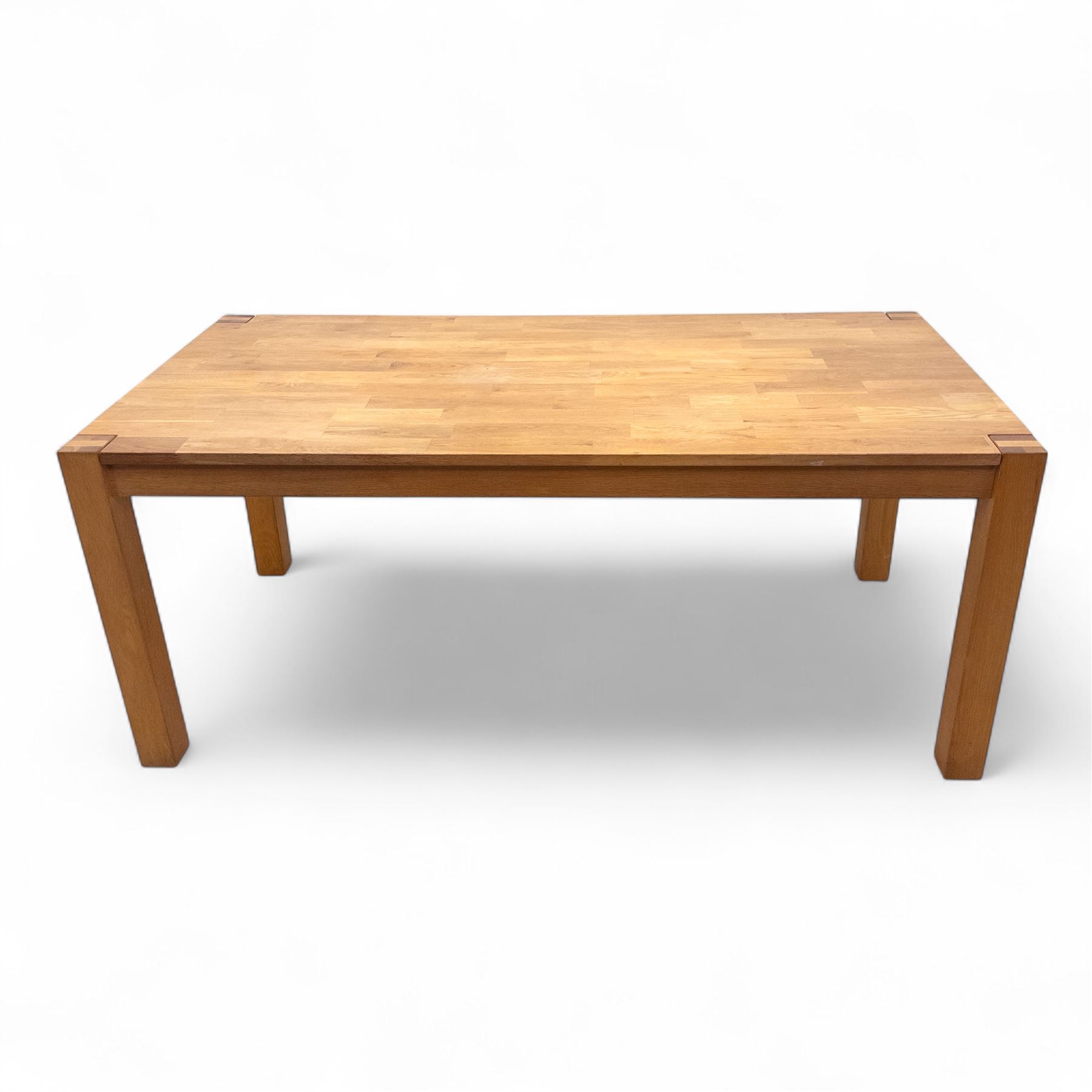 Contemporary solid oak rectangular dining table, with two additional extension leaves, together with eight matching high back dining chairs upholstered in cream suede-effect fabric (9) (Chair H 95cm, W 41cm, D 53cm) (Extends to 270cm)