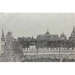 Stephen Wiltshire (British 1974-): 'View from the British Embassy' Moscow, pen and ink sketch signed 42cm x 59cm
 Notes: Wiltshire is a renowned autistic savant who can produce detailed architectural drawings from memory after viewing a scene just once. He has been compared to the character of Raymond Babbitt in the 1988 film Rain Man, which the artist considers one of his favourite films. This picture is illustrated in Witshire's third book 'Floating Cities' published in 1991 when the artist was sixteen years old, it focusses on his travels and architectural drawings through Amsterdam, Moscow, Venice and Leningrad. In 2006, he was awarded an MBE and opened a permanent gallery on the Royal Opera Arcade in London. 