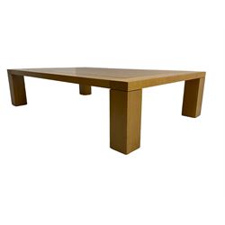Large pippy oak rectangular coffee table, square block leg, retailed by Chapmans of Newcastle
