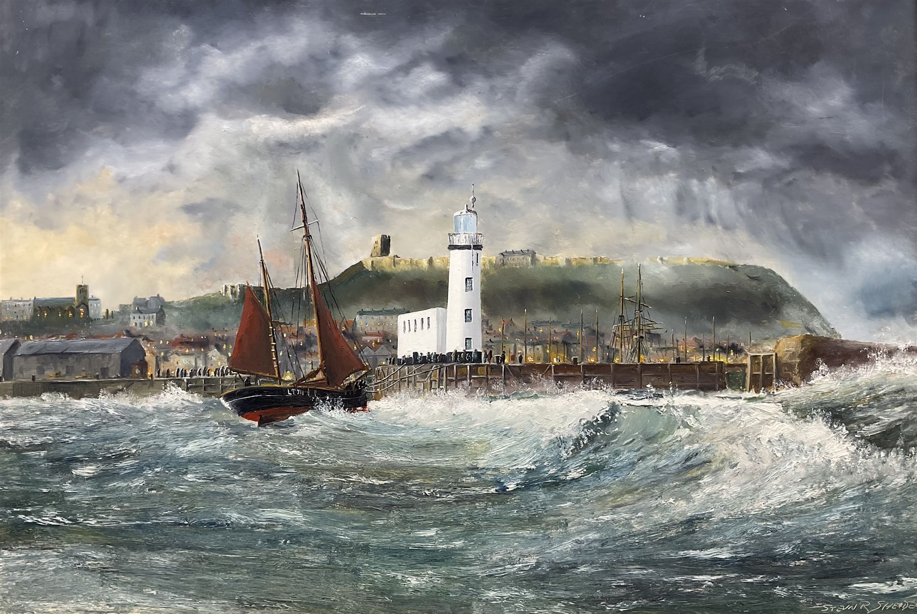 Robert Sheader (British 20th Century): Scarborough and the Storm, oil on board signed 54cm x 80cm