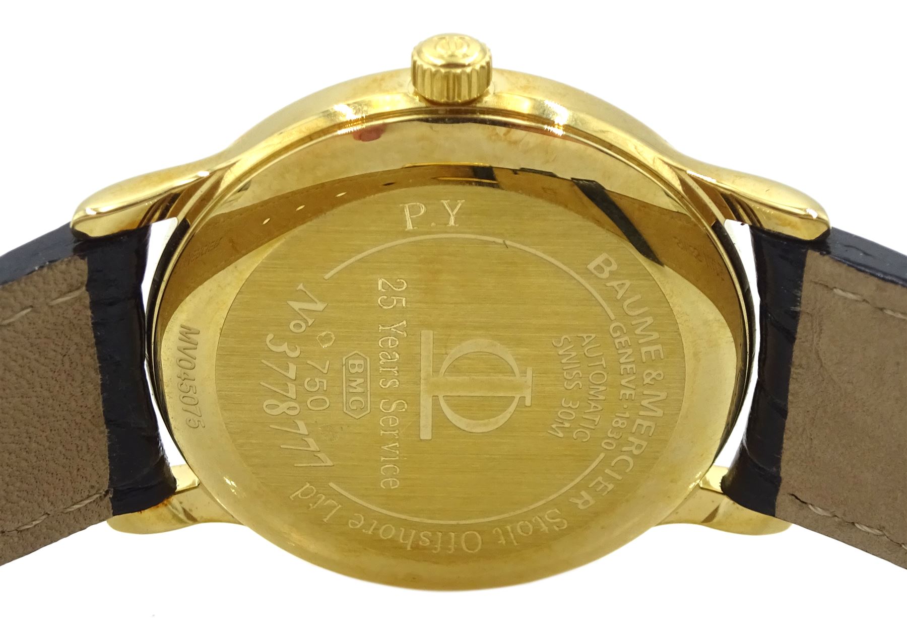 Baume Mercier Classima gentleman's 18ct gold automatic presentation wristwatch, Ref. MV045075, No. 3778777, white dial with date aperture, Swiss hallmark, on original leather strap, boxed with papers