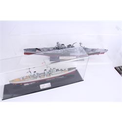 Two ship models in display cases; HMS Repulse, 1941 and HMS Dido, 1939, together with a book about HMS Dido, largest H27cm 
