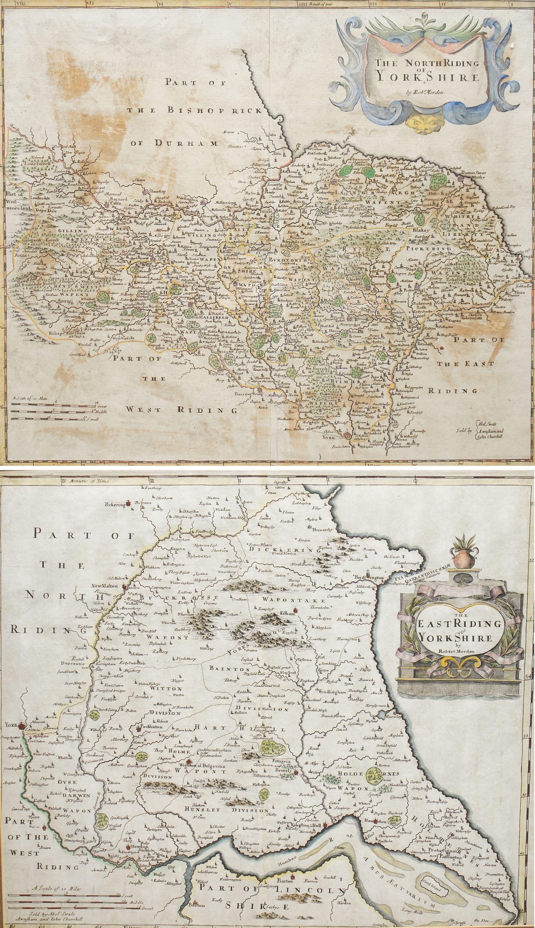 Robert Morden (British c.1650-1703): 'The North Riding of Yorkshire' and 'The East Riding of Yorkshire', two 17th/18th century engraved maps with hand colouring 38cm x 43cm (2)