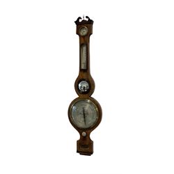 Mid 19th century mercury barometer - in a walnut case with a swan neck pediment, hygrometer, mercury thermometer, butlers mirror and spirit level, 8