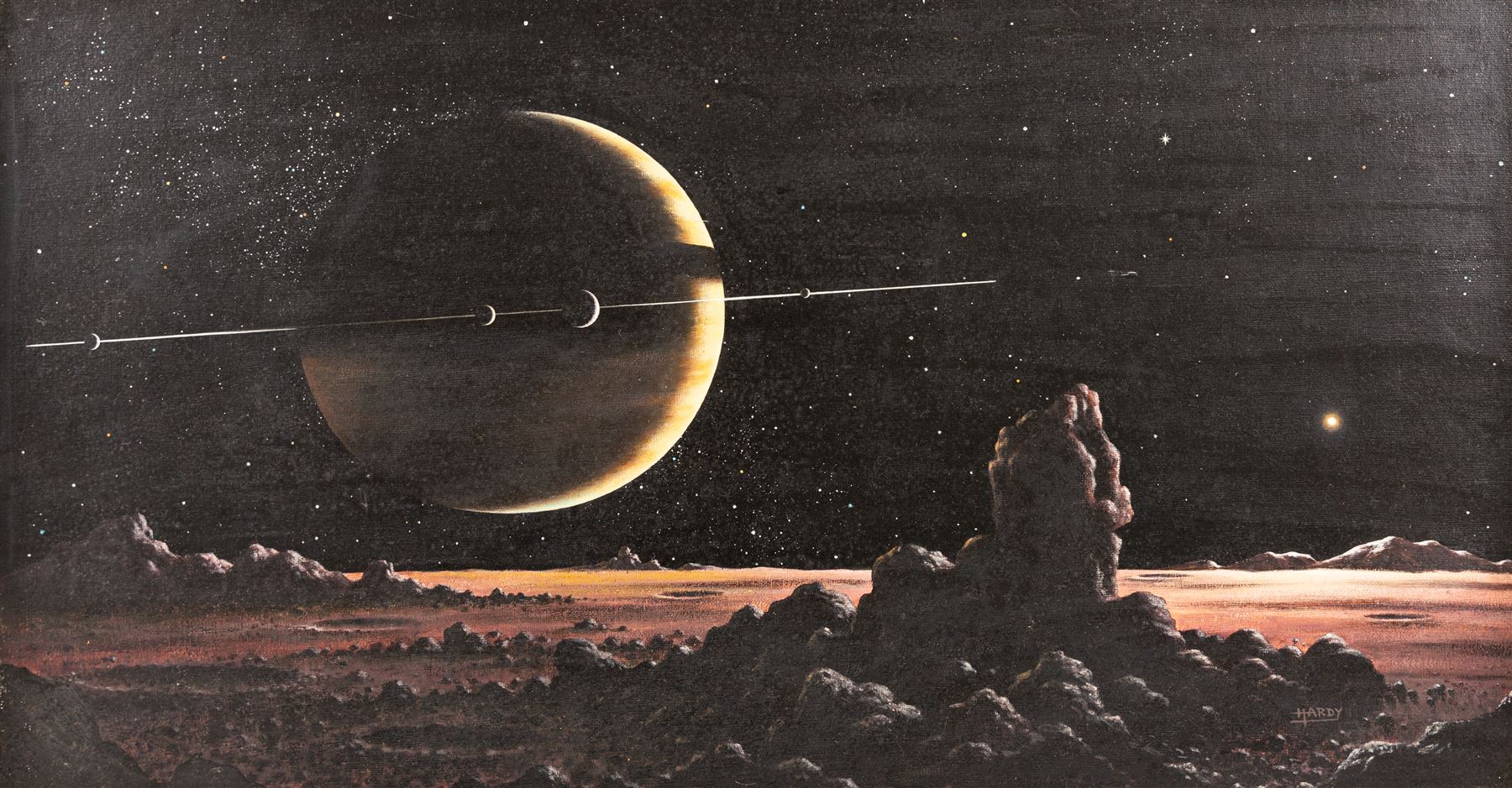 David A Hardy (British 1936-): Moons of Saturn, oil on board signed, 37cmx70cm
Notes: This item is from the private collection of Arthur C. Clarke's brother.