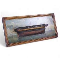 20th century half block diorama of a coble, painted within a seascape beneath a cloudy sky, H24cm, W54cm