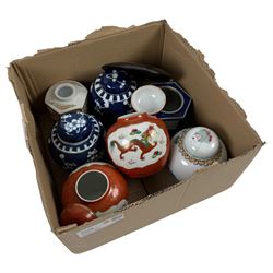 Pair of ginger jars decorated in prunus pattern, together with two others and other collectables  