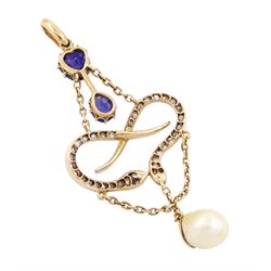 Early 20th century 15ct gold and platinum sapphire, pearl and diamond pendant, single white / cream pearl, suspending from two intertwined snakes set with rose cut diamonds, to a heart cut and an oval cut sapphire top