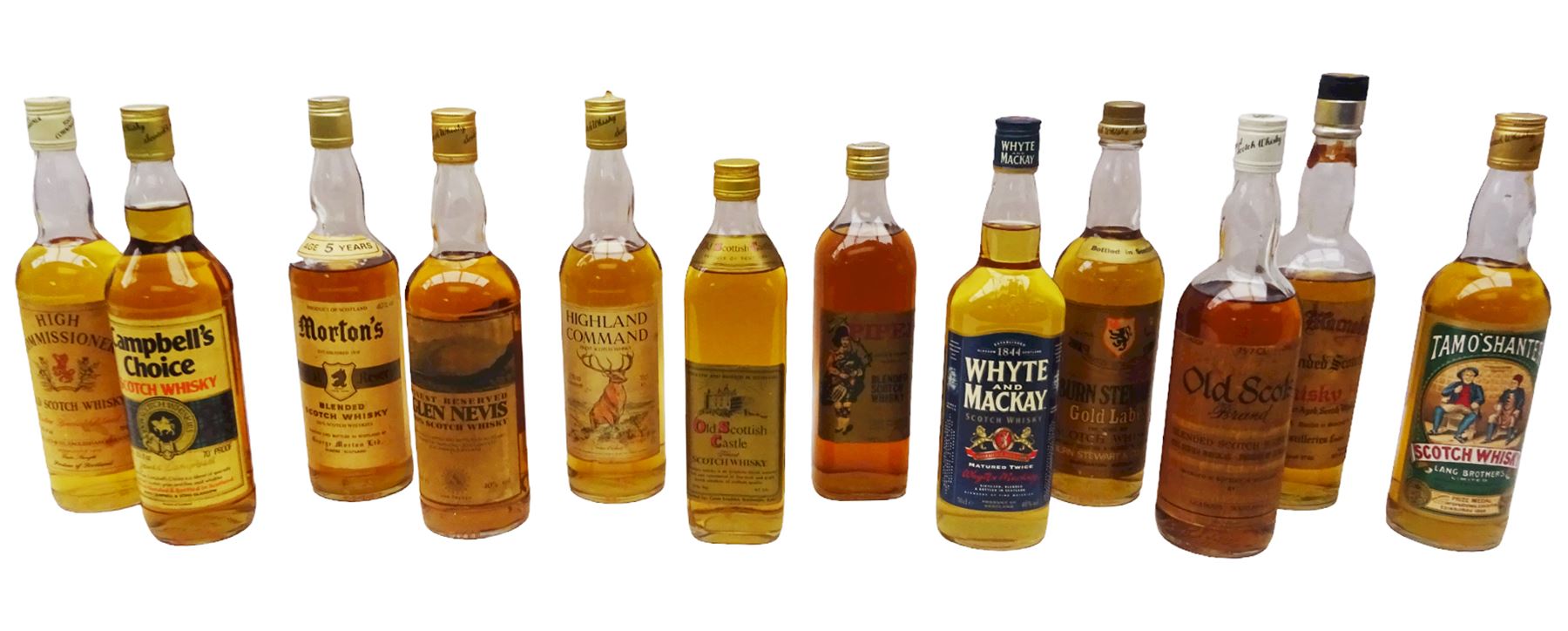 Twelve bottles of blended Scotch whisky, including Finest Reserve Glen Nevis, Morton's, Piper etc, various contents and proofs (12)
