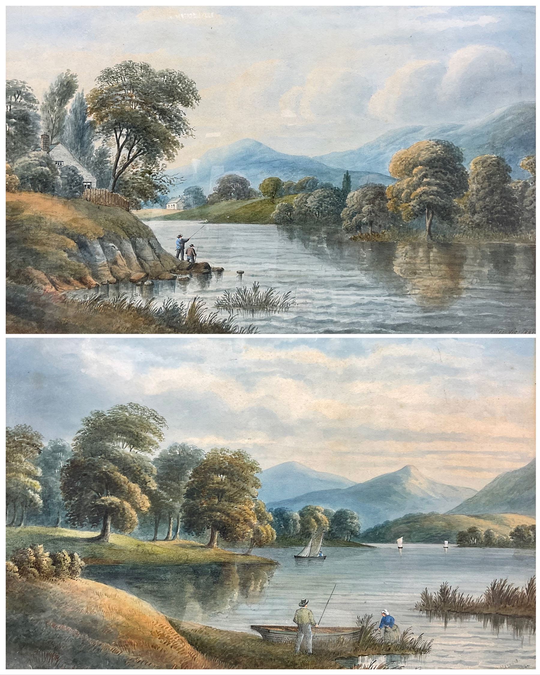 Henry Magenis (British 19th century): Anglers Fishing by a Lake, pair watercolours signed and dated 1885, 34cm x 50cm