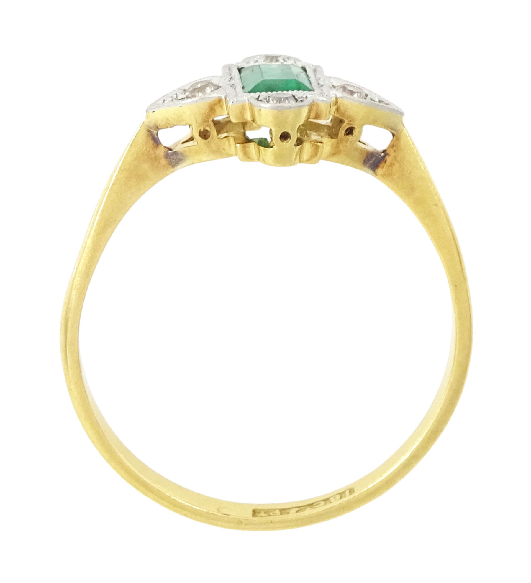Edwardian gold and platinum emerald and diamond ring, single milgrain set rectangular cut emerald, surrounded by four single cut diamonds, stamped 18ct & PT
