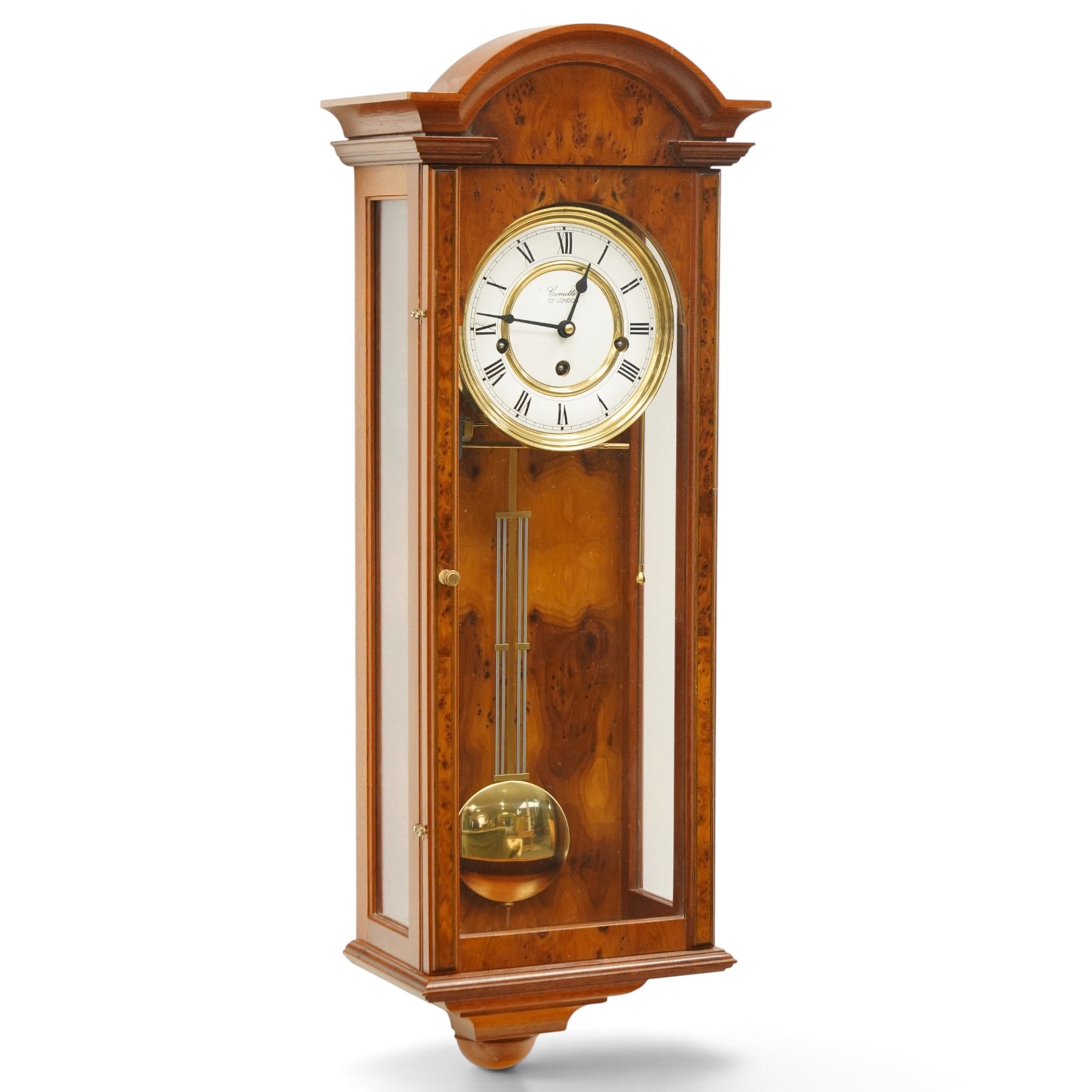 Comitti of London - burr walnut three-train wall clock, the circular dial with Roman numerals, glazed case revealing the movement and brass pendulum
