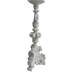 White painted Italian Baroque design standard lamp, ornately cast with foliage and scrolls, on three scrolled feet, with floral shade