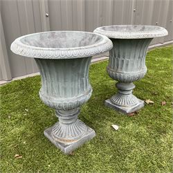 Pair of small Victorian design cast iron garden urns - washed blue finish - THIS LOT IS TO BE COLLECTED BY APPOINTMENT FROM DUGGLEBY STORAGE, GREAT HILL, EASTFIELD, SCARBOROUGH, YO11 3TX
