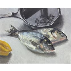 Neil Tyler (British 1945-): ‘Still Life - Two Bream’, oil on canvas signed and dates ‘03, titled verso 36cm x 46cm