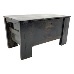 17th century vernacular oak boarded and joined clamp-front coffer or ark chest, enclosed by hinge lid, vertical stile supports