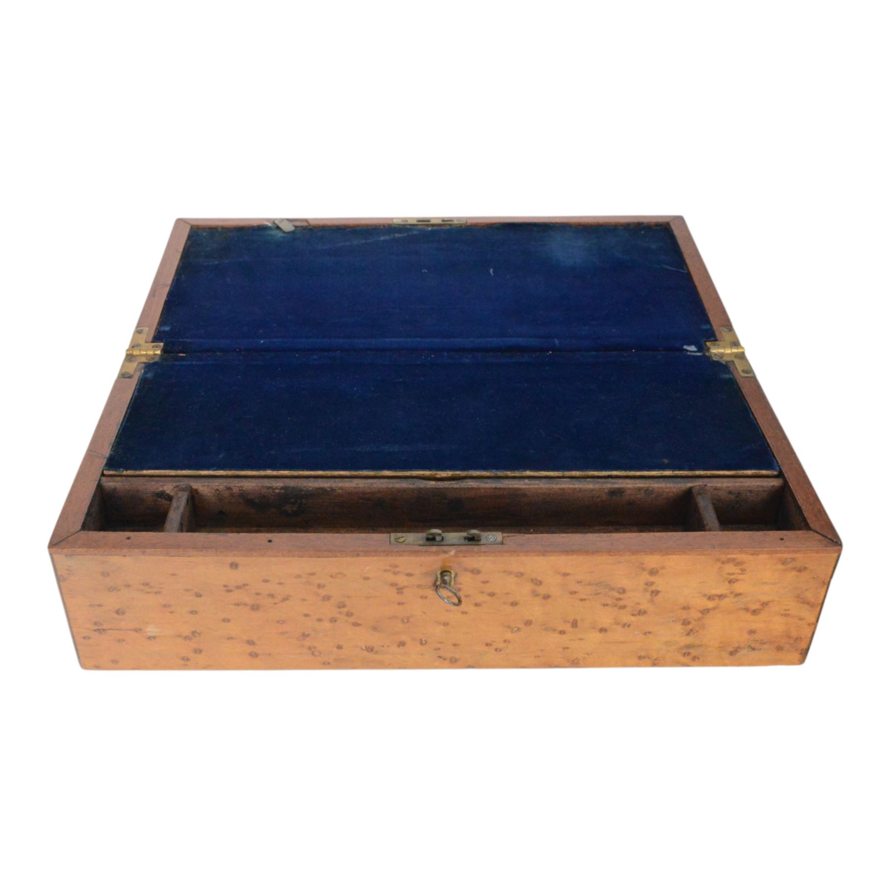 Two writing slopes, including brass bound mahogany example, together with a wooden box with brass handles to sides and cover, tallest H28cm