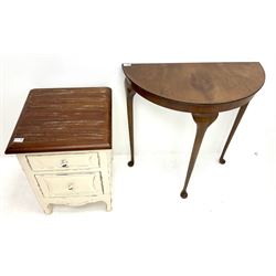 French style cream painted lamp table, two graduating drawers (W44cm, H61cm, D44cm) and a demi-lune hall table (2)