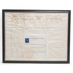 19th century indenture 'Last Will and Testament of Richard Hobson' of Crockey Hill, York together with the probate certificate from York Registry 1858, framed together 50cm x 64cm 