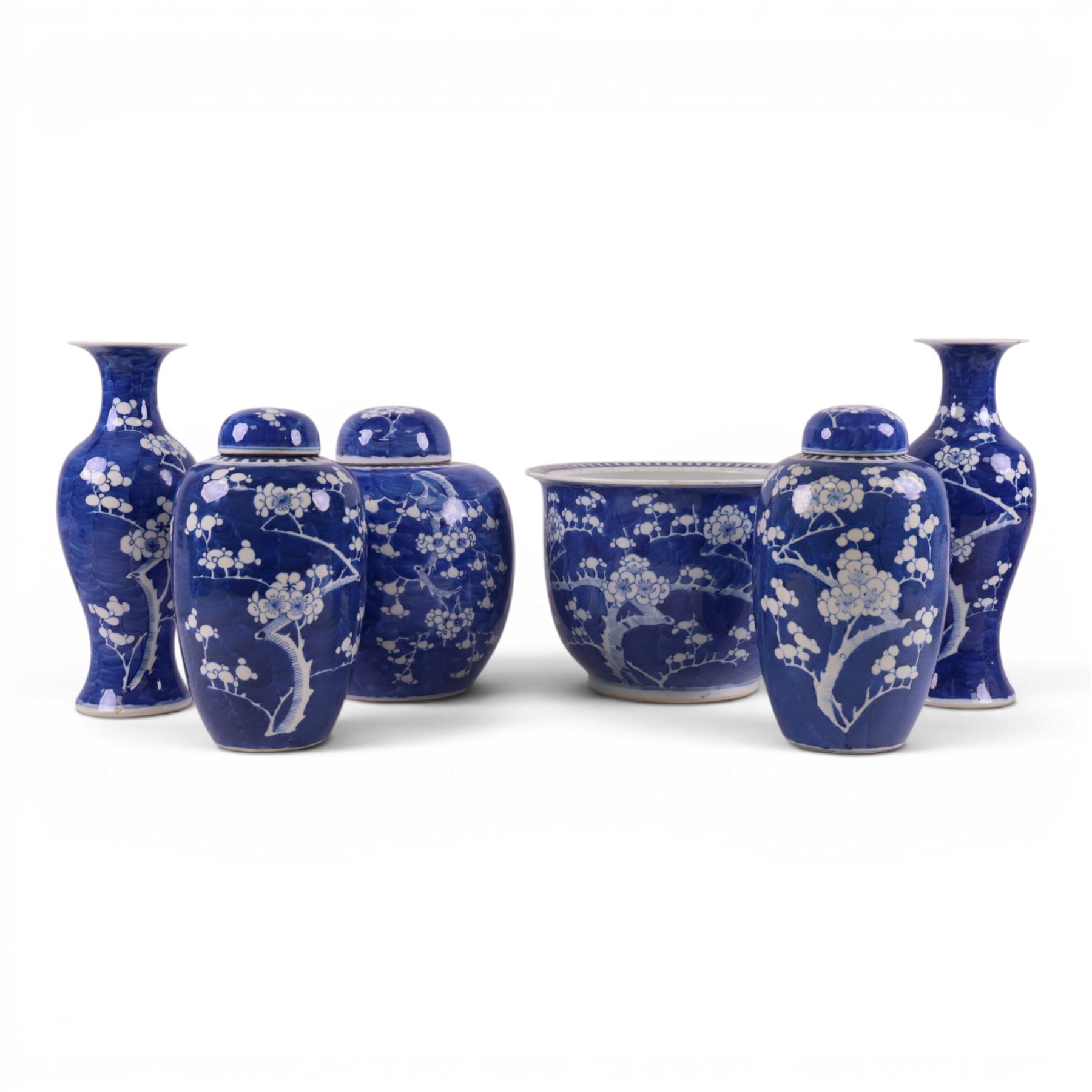 Pair Prunus pattern ginger jars, together with another similar, vases and jardiniere, vases H31cm 