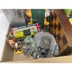 Collection of vintage and later toys and memorabilia to include Merlin’s Football sticker book, boxed child’s electric telephones, Only Fools and Horses money box, four boxed The Promenade Collection dolls etc in two boxes