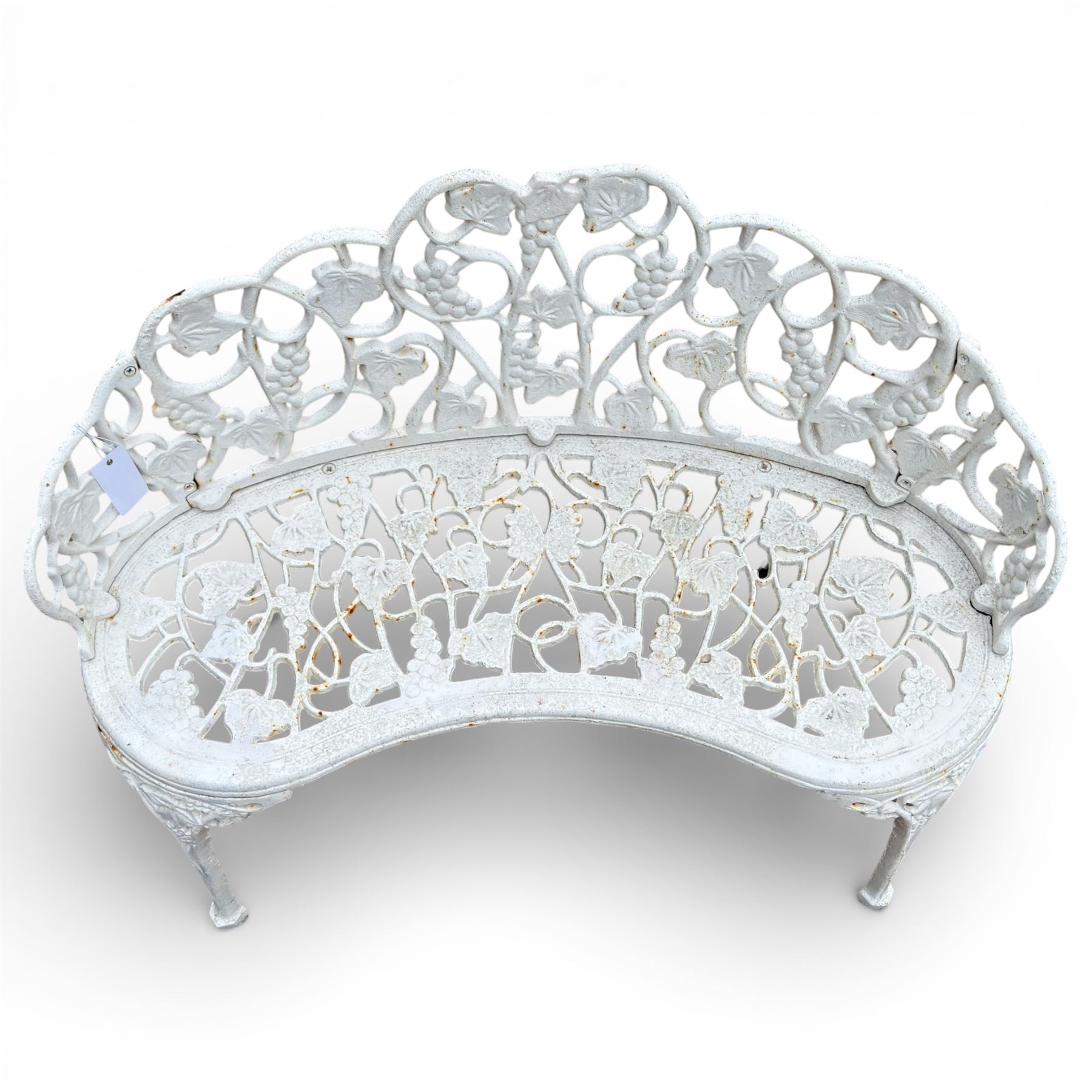 Victorian design white painted cast iron garden bench with grapevine and ivy design