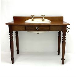 Victorian mahogany side table with inset basin and taps, raised shaped back, faux drawer, turned supports