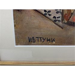 Ivan Puni (AKA Jean Pougny) (Russian 1892-1956): A Hand of Cards, oil on board signed in Cyrillic 23cm x 19cm