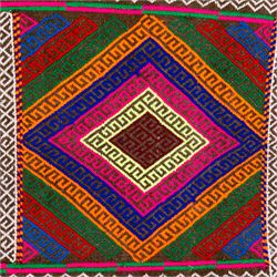 Afghan Suzni flatweave geometric design runner rug, decorated with trailing lozenges decorated with hooked motifs, within zig-zag bands, bright multi-coloured ground ivory and brown geometric main border