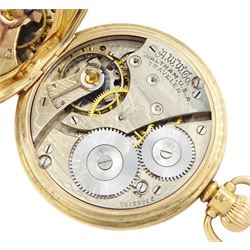 Early 20th century 9ct gold full hunter, keyless 'Traveler' lever pocket watch by American Watch Company, Waltham, No.27663195, white enamel dial with Roman numeral hour markers and subsidiary seconds dial, case by Dennison, Birmingham 1933