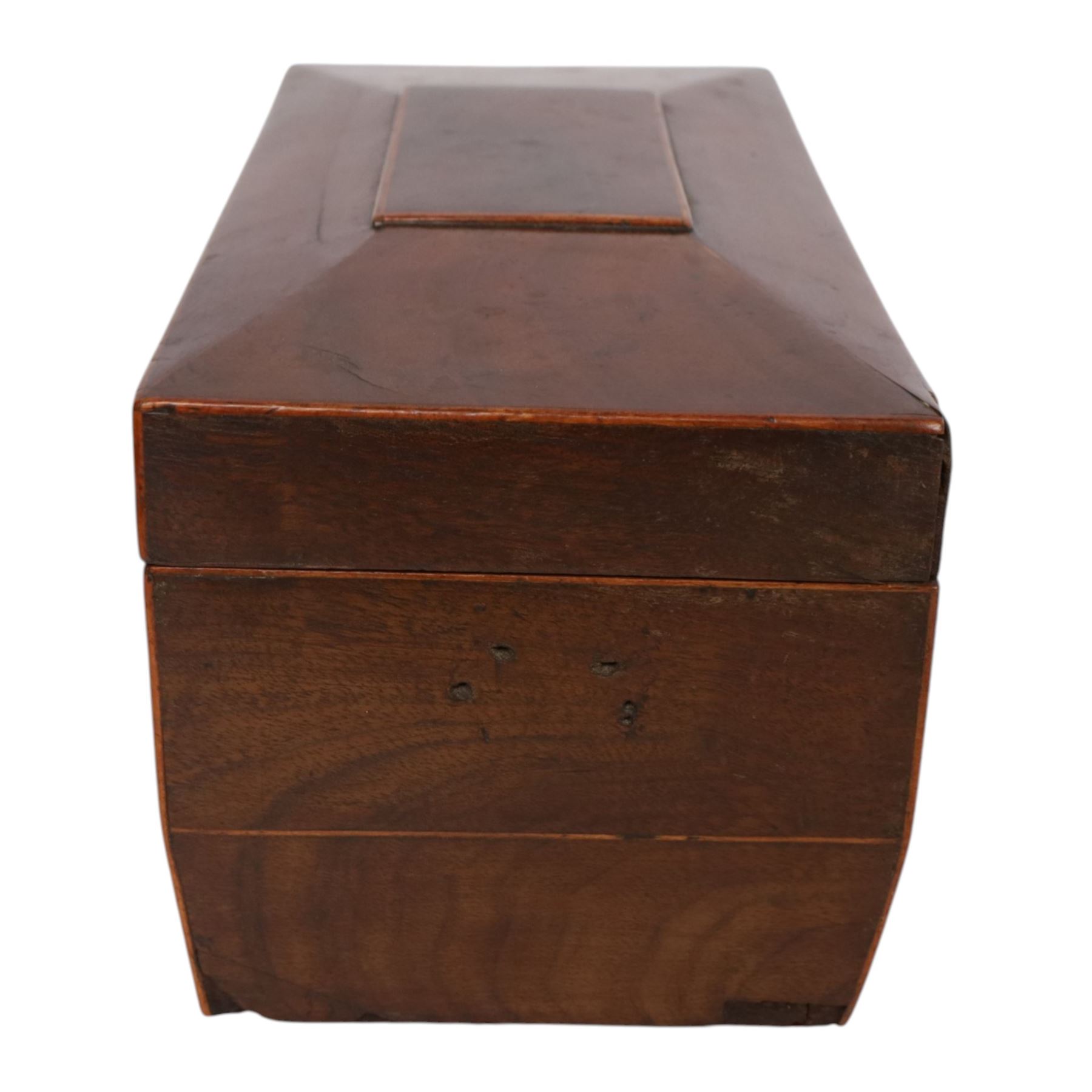 Marquetry inlaid satinwood tea caddy, of rectangular for the hinged cover and front with conch shell motifs, with two compartments, together with a sarcophagus shaped tea caddy