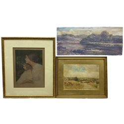 19th century coloured mezzotint of two sisters indistinctly signed, 19th century landscape watercolour, and a similar unframed oil on canvas (3)