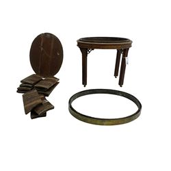 19th century oak and brass coopered wine cooler, oval form, the stand on moulded supports with pierced brackets, brass castors - in need of restoration 