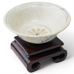 Chinese Early Ming Dynasty blue and white glazed bowl decorated with spotted pattern and central flower, c.1368AD-1644AD, D11cm; together with a small saucer with internal painted cockerel, D7cm (2)